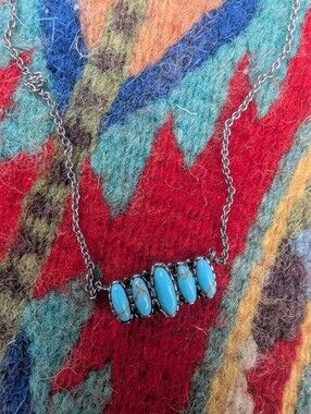 Southwestern Faux Turquoise Stone Bar Necklace - Blue Silver Chain